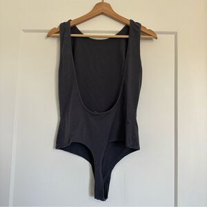 Mind Code Charcoal Gray Tank Top Bodysuit With Low Deep Exposed Thong Back